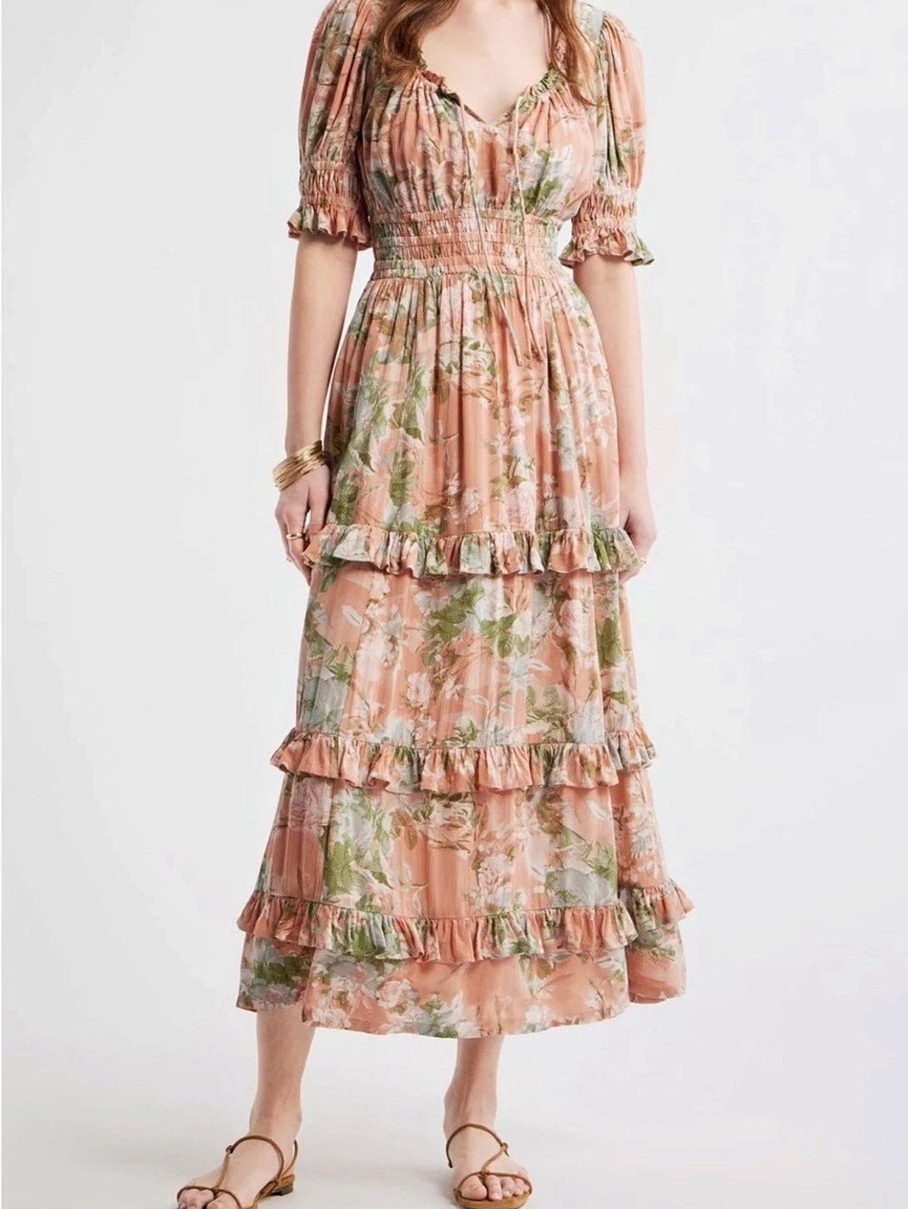 Treasure and Bond Floral Smocked Midi Dress in Pink & Green NWT